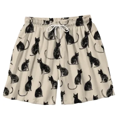 Tokyo-Tiger Black Cat Beige Aloha Mens Swim Trunks