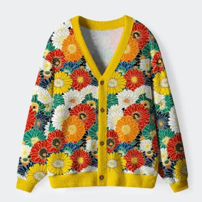 Tokyo-Tiger Colorful Chrysanthemums Ugly Cardigan Sweater