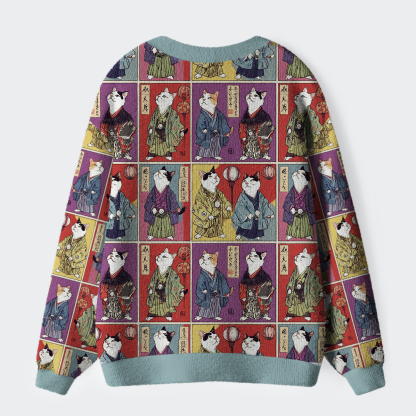 Tokyo-Tiger Vintage Samurai Cat Ugly Cardigan Sweater