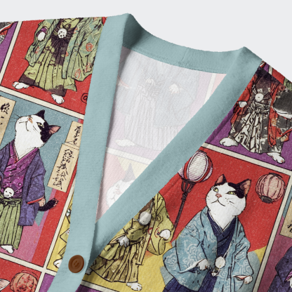 Tokyo-Tiger Vintage Samurai Cat Ugly Cardigan Sweater