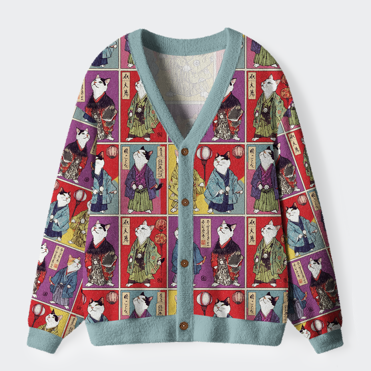 Tokyo-Tiger Vintage Samurai Cat Ugly Cardigan Sweater