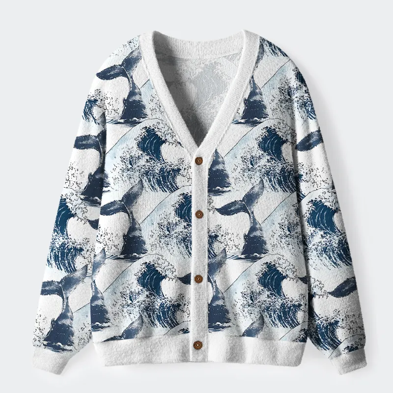 Tokyo-Tiger Whale Tail Wave Art Ugly Cardigan Sweater