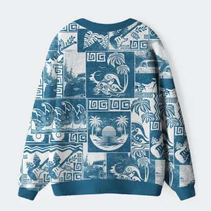 Tokyo-Tiger Tropical Island Collage Ugly Cardigan Sweater