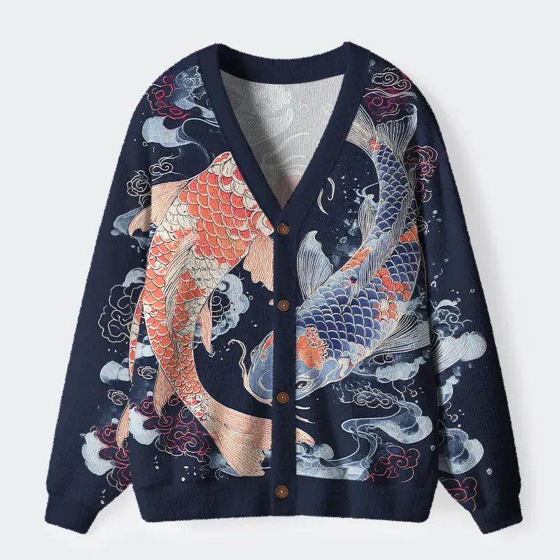 Tokyo-Tiger Two Koi Carps Ugly Cardigan Sweater