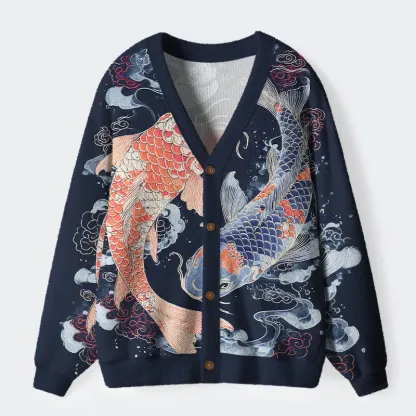Tokyo-Tiger Two Koi Carps Ugly Cardigan Sweater