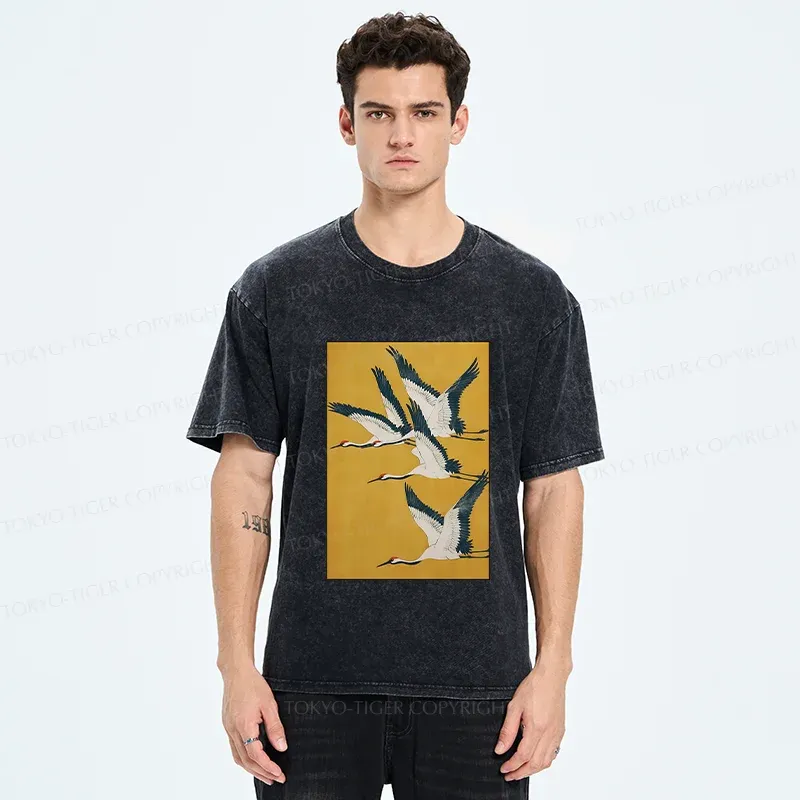 Tokyo-Tiger Vintage Cranes Painting Washed T-Shirt