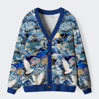 Tokyo-Tiger Ukiyo Cranes of the Great Ugly Cardigan Sweater
