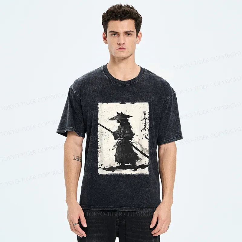 Tokyo-Tiger Handsome Cat Japanese Samurai Washed T-Shirt