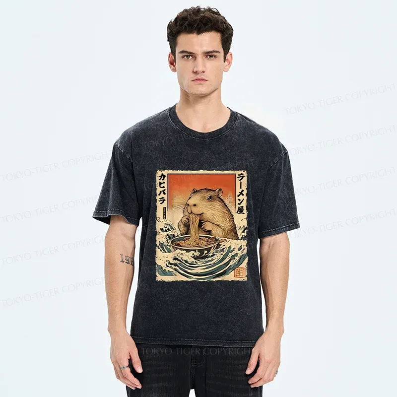 Tokyo-Tiger Hamster Eating Ramen Washed T-Shirt