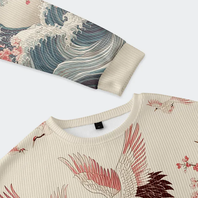 Tokyo-Tiger Cranes Dancing On The Waves Christmas Ugly Sweatshirt