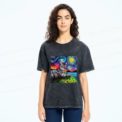 Tokyo-Tiger Cat Under The Starry Night Funny Washed T-Shirt