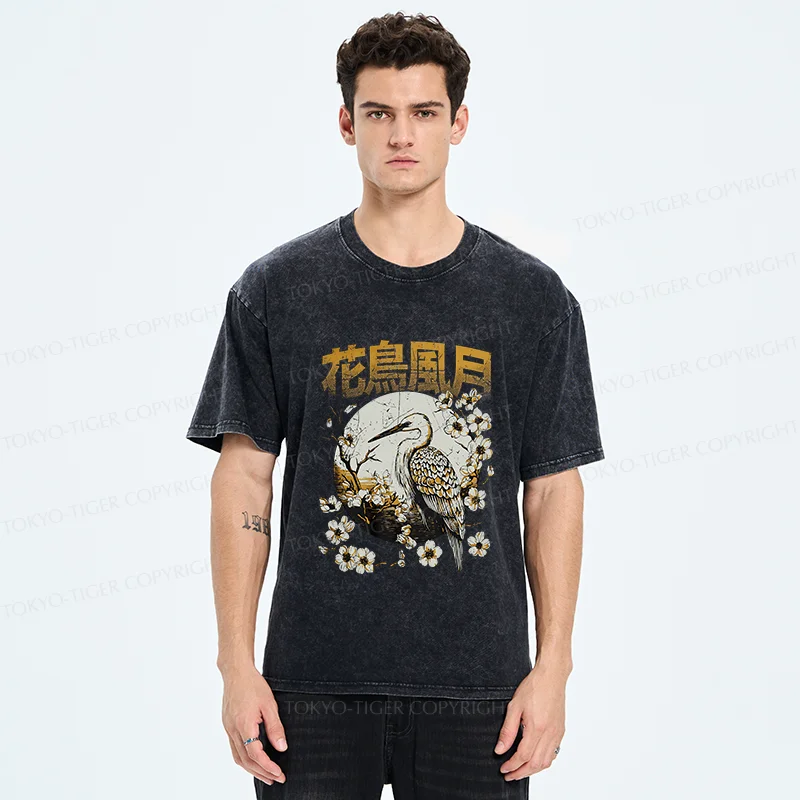 Tokyo-Tiger Flowers Birds Wind And Moon Washed T-Shirt