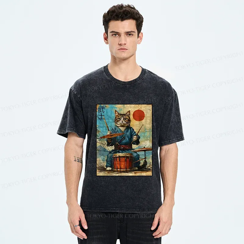 Tokyo-Tiger Cat Playing Drums Washed T-Shirt