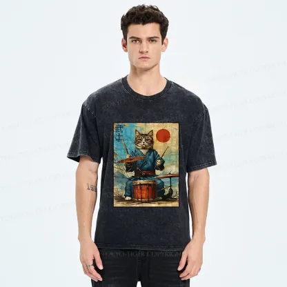 Tokyo-Tiger Cat Playing Drums Washed T-Shirt