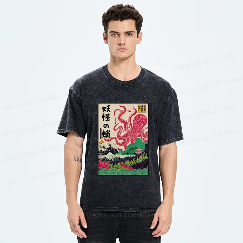 Tokyo-Tiger Octopus Japanese Yokai Washed T-Shirt