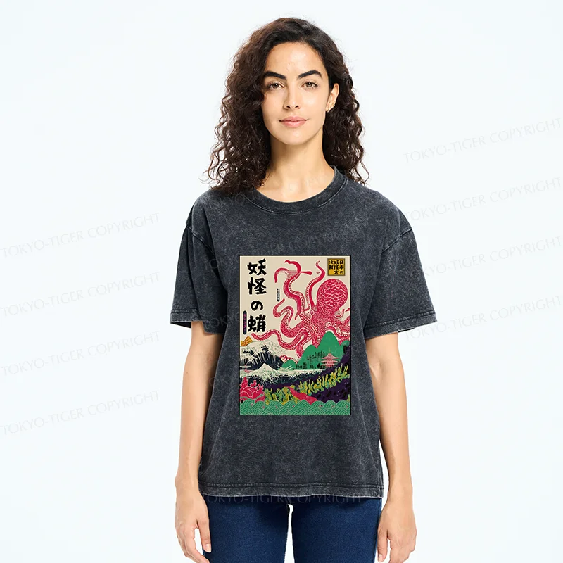 Tokyo-Tiger Octopus Japanese Yokai Washed T-Shirt