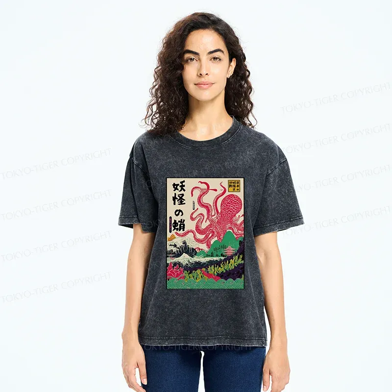 Tokyo-Tiger Octopus Japanese Yokai Washed T-Shirt