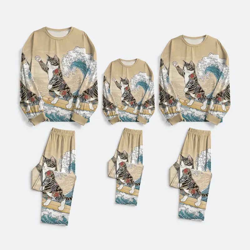 Tokyo-Tiger Cat Surfing Family Pajama Sets