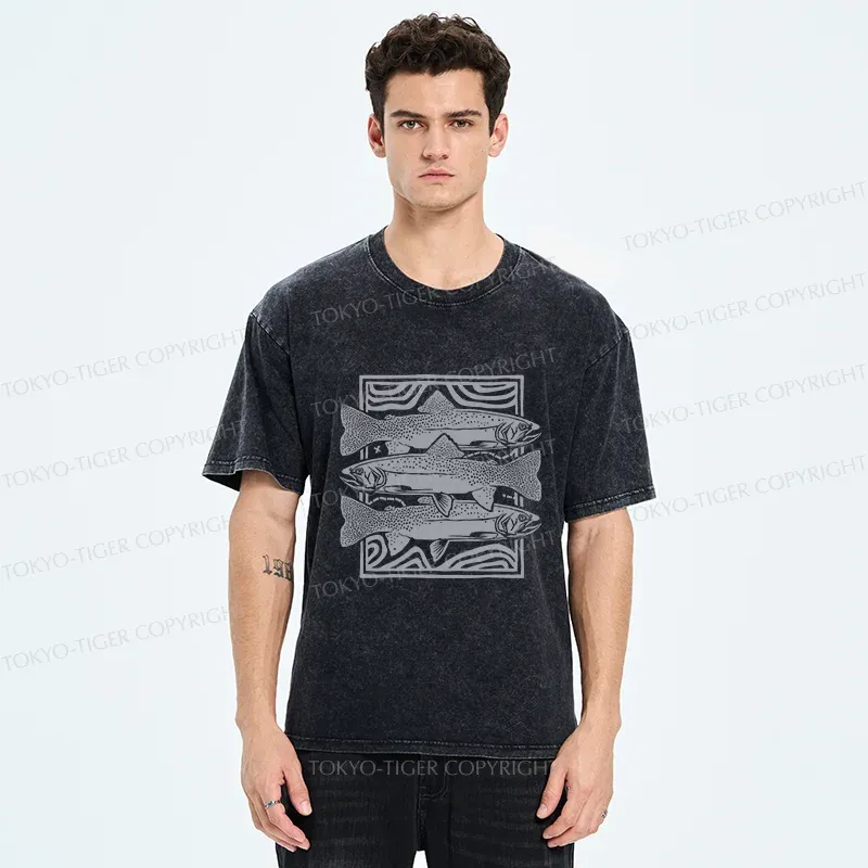 Tokyo-Tiger Big Fish Woodcut Washed T-Shirt