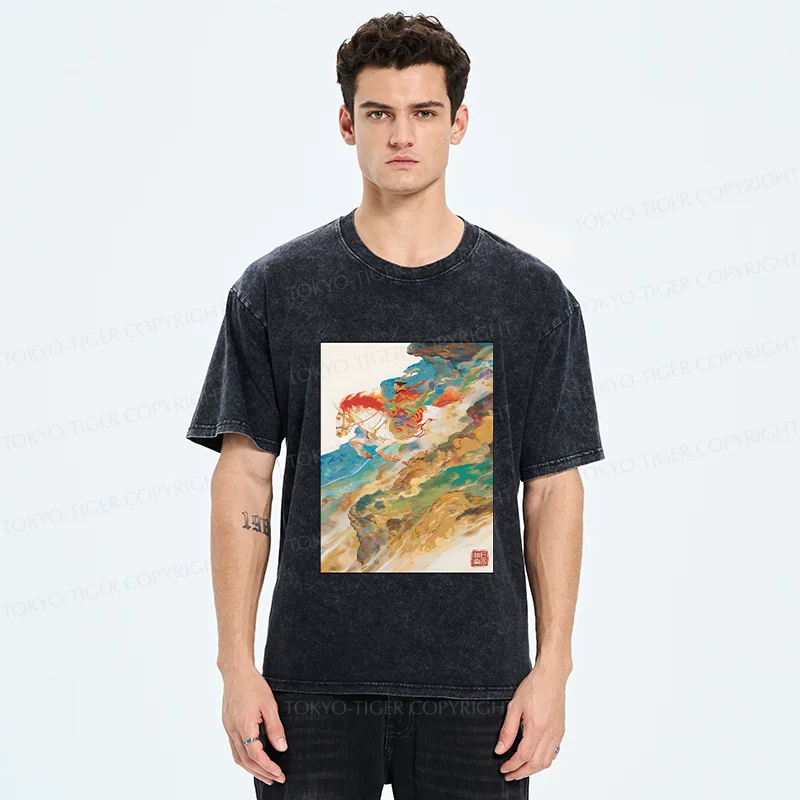 Tokyo-Tiger Landscape Painting Washed T-Shirt