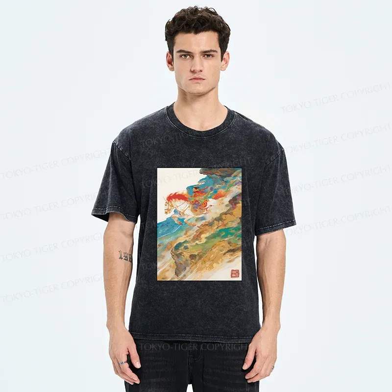 Tokyo-Tiger Landscape Painting Washed T-Shirt