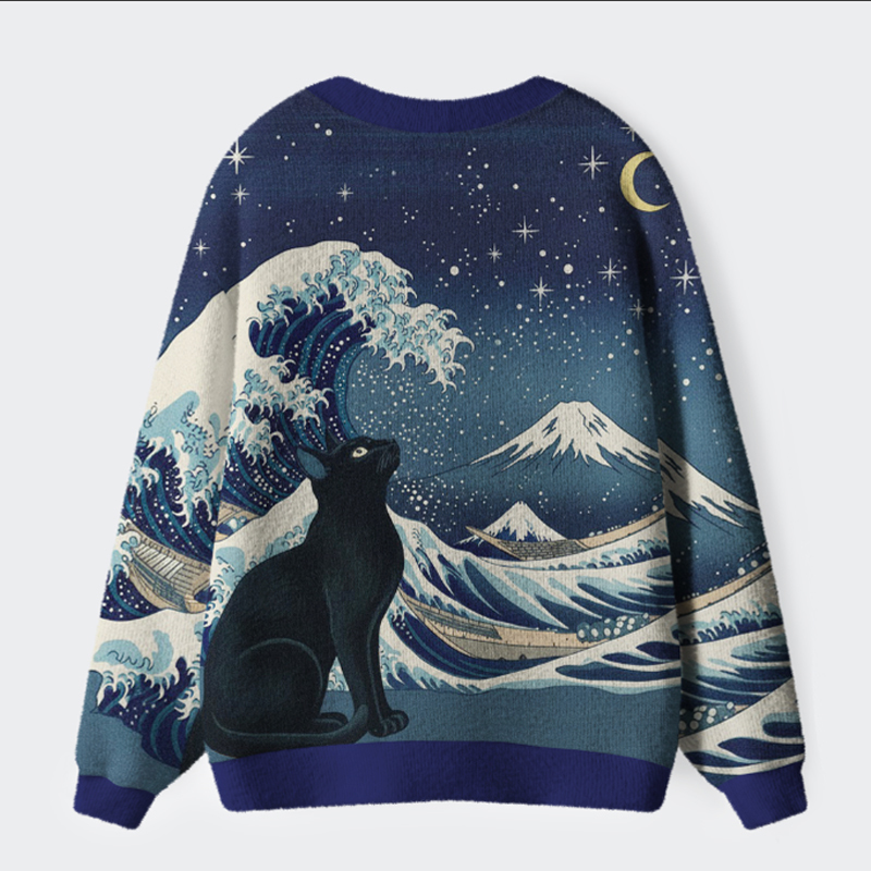 Tokyo-Tiger Cat Staring at the Starry Night Ugly Cardigan Sweater