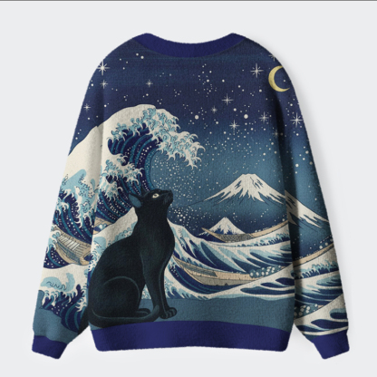 Tokyo-Tiger Cat Staring at the Starry Night Ugly Cardigan Sweater