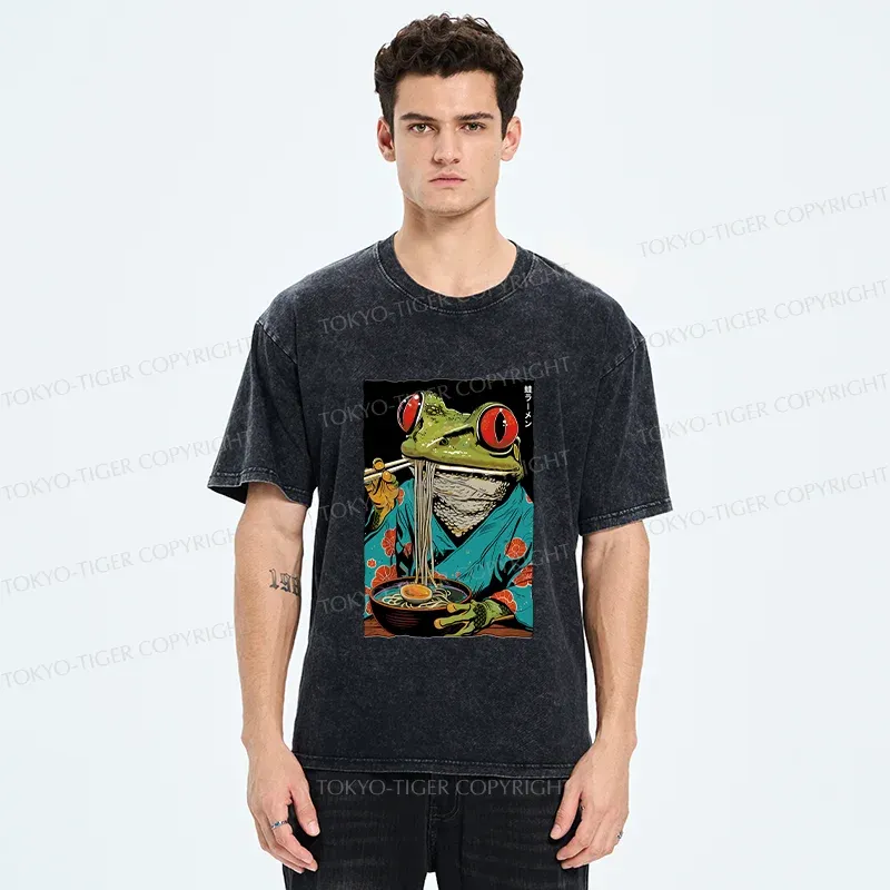 Tokyo-Tiger Frog Monster Eating Ramen Washed T-Shirt