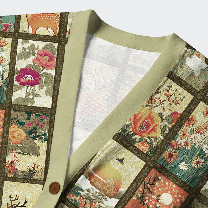 Tokyo-Tiger Ukiyoe Floral Patchwork Ugly Cardigan Sweater