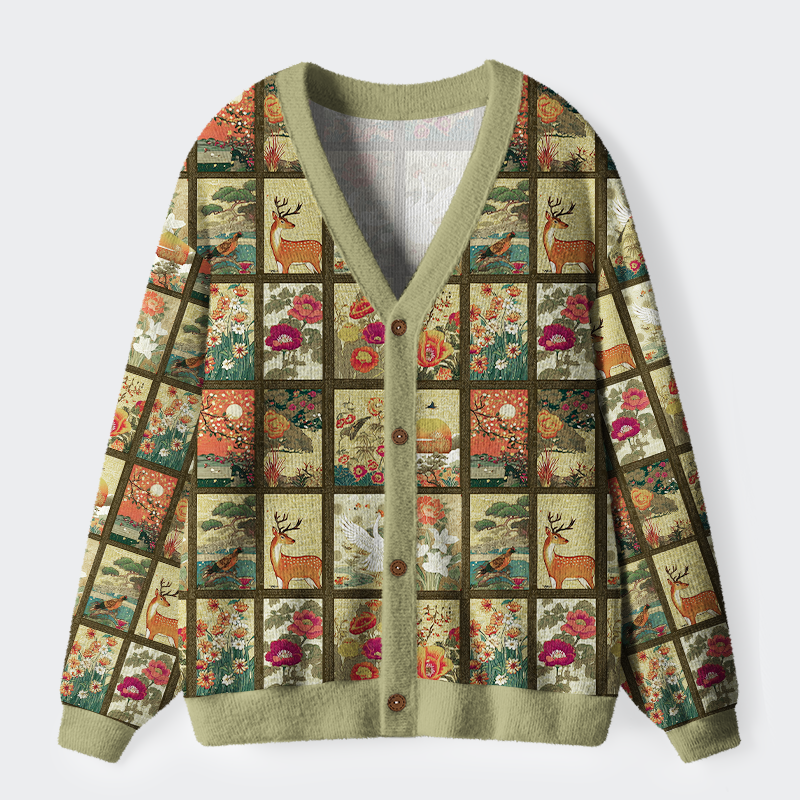 Tokyo-Tiger Ukiyoe Floral Patchwork Ugly Cardigan Sweater