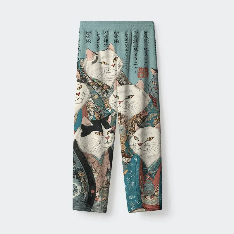 Tokyo-Tiger Formal Gathering of Ukiyo-e Cat Nobles Flannel Pajama Set
