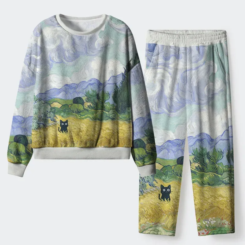 Tokyo-Tiger Black Cat In The Wheat Field Flannel Pajama Set