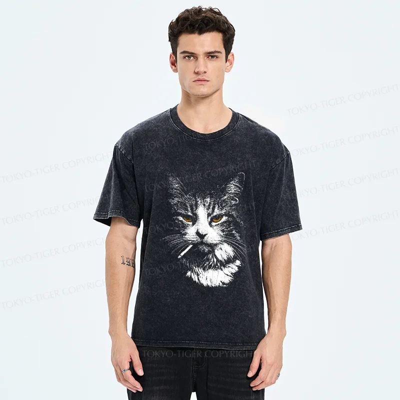 Tokyo-Tiger Handsome Cat Smoking Washed T-Shirt