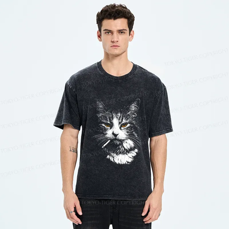 Tokyo-Tiger Handsome Cat Smoking Washed T-Shirt
