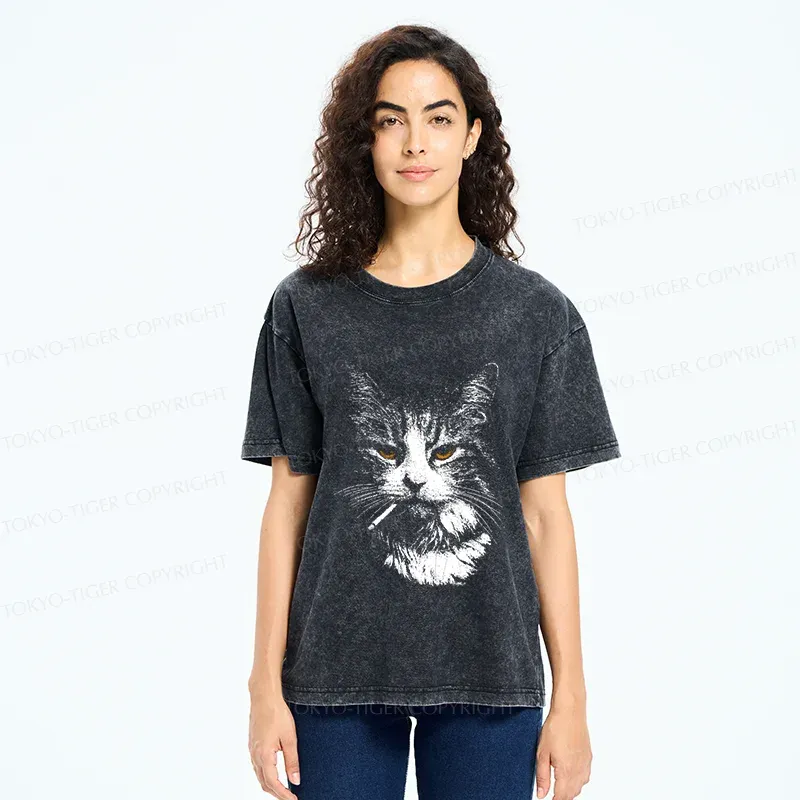 Tokyo-Tiger Handsome Cat Smoking Washed T-Shirt