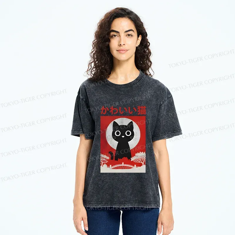 Tokyo-Tiger Cute Retro Cat Washed T-Shirt