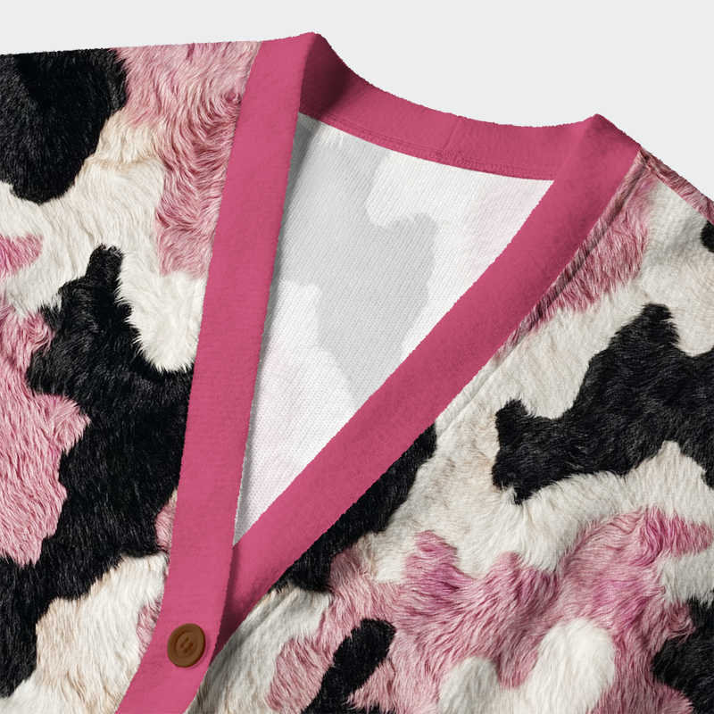 Tokyo-Tiger Pink-Patch Pastures: Whimsical Cow Print Ugly Cardigan Sweater