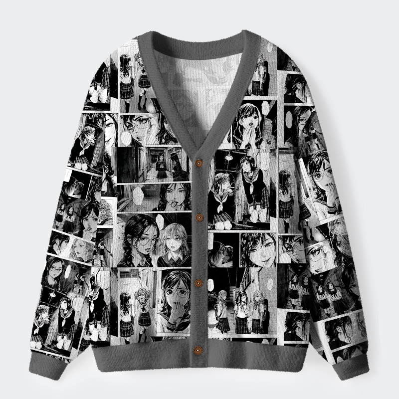 Tokyo-Tiger Monochrome Whispers: The Manga Collage Ugly Cardigan Sweater