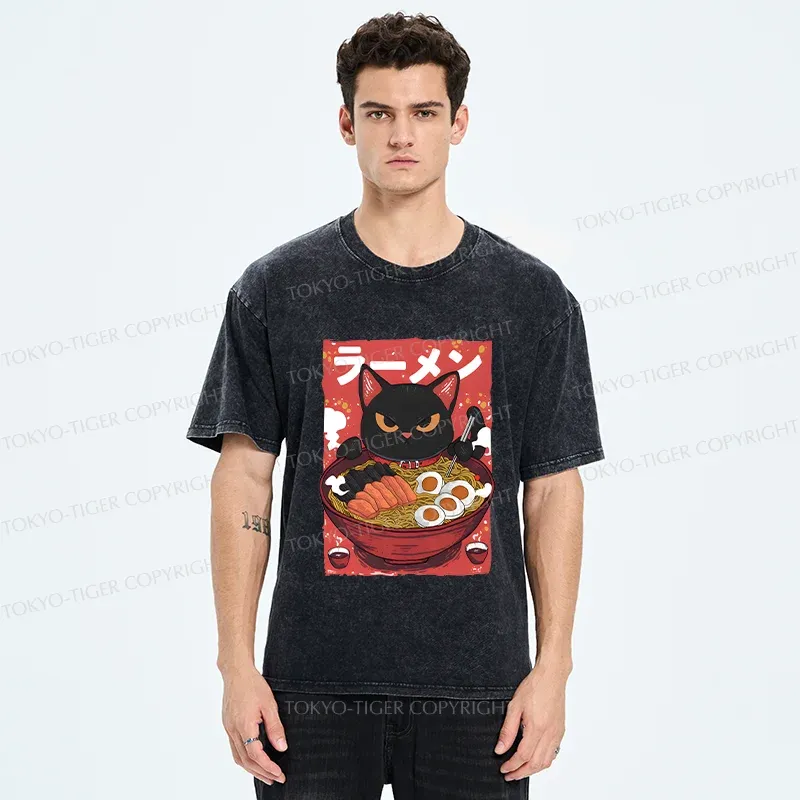 Tokyo-Tiger Black Cat Eating Ramen Washed T-Shirt