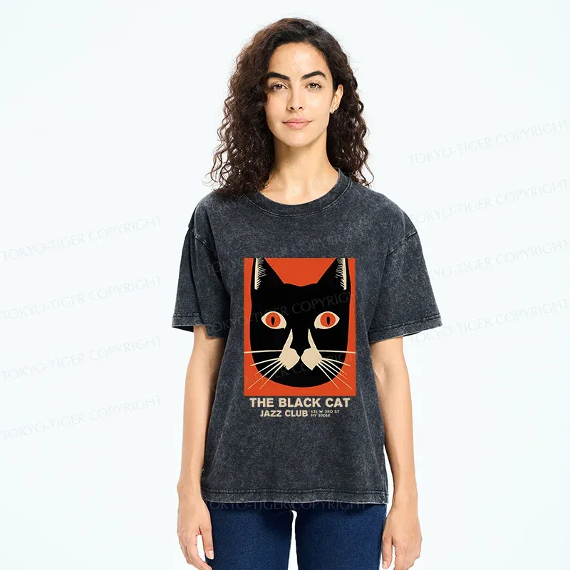 Tokyo-Tiger Minimalist Black Cat Washed T-Shirt