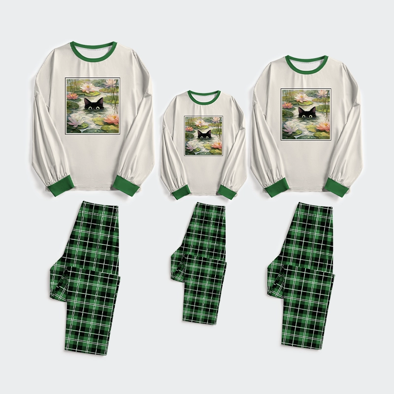 Tokyo-Tiger Black Cat and Lotus Flower Family Pajama Sets