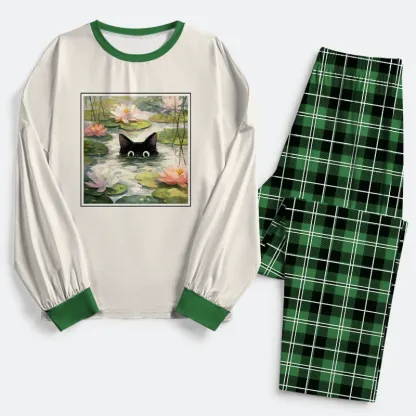 Tokyo-Tiger Black Cat and Lotus Flower Family Pajama Sets