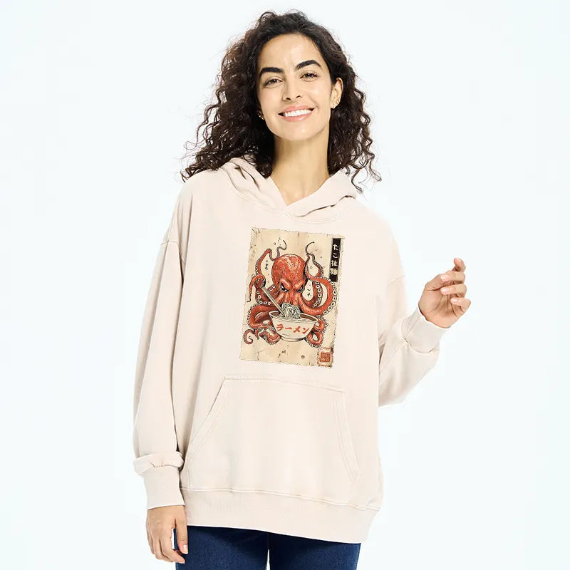 Tokyo-Tiger Retro Octopus Eating Ramen Washed Hoodie