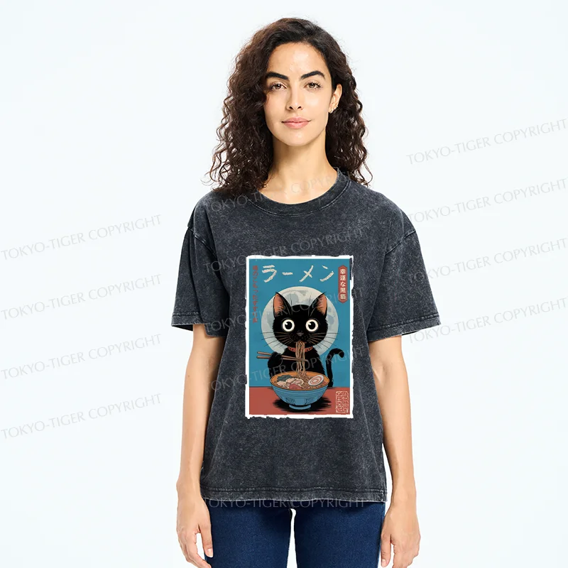 Tokyo-Tiger Black Cat Eating Delicious Ramen Washed T-Shirt