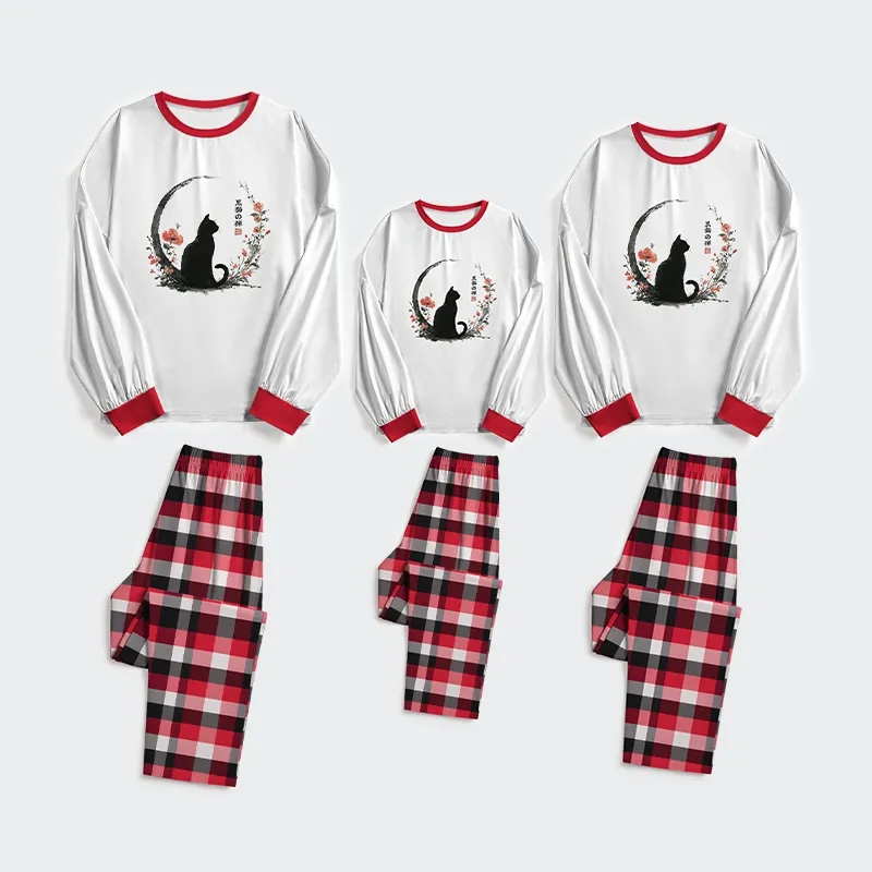 Tokyo-Tiger Black Cat And Flowers Family Pajama Sets