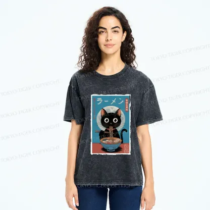 Tokyo-Tiger Black Cat Eating Delicious Ramen Washed T-Shirt