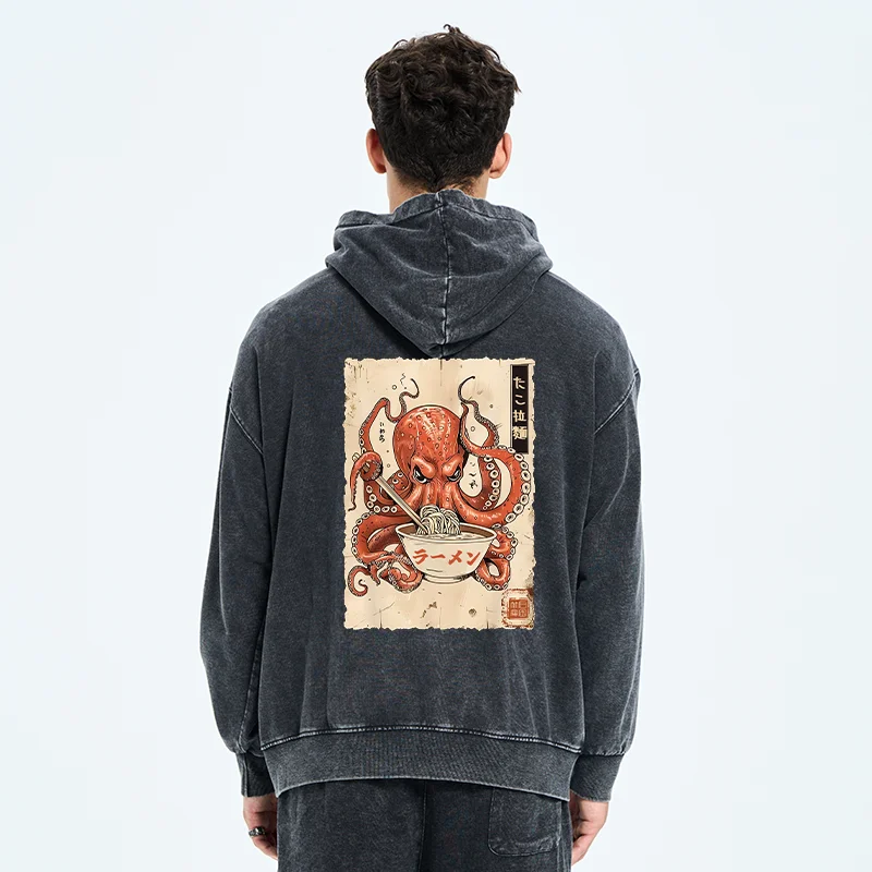 Tokyo-Tiger Retro Octopus Eating Ramen Washed Zip Hoodie