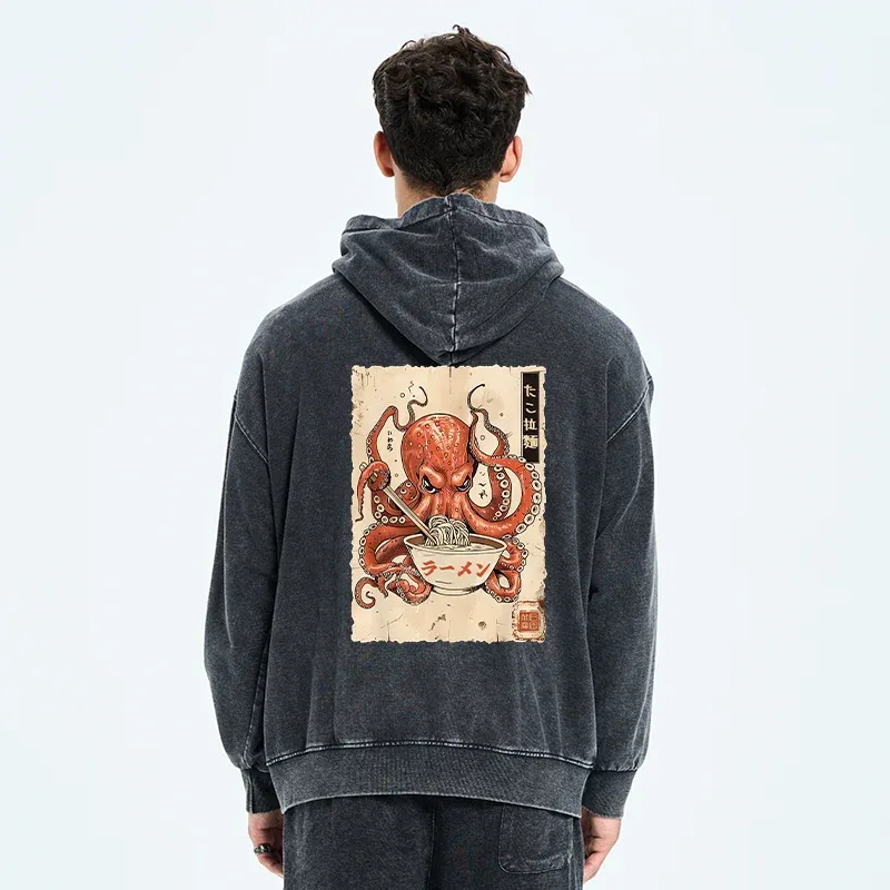 Tokyo-Tiger Retro Octopus Eating Ramen Washed Zip Hoodie