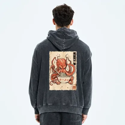 Tokyo-Tiger Retro Octopus Eating Ramen Washed Zip Hoodie