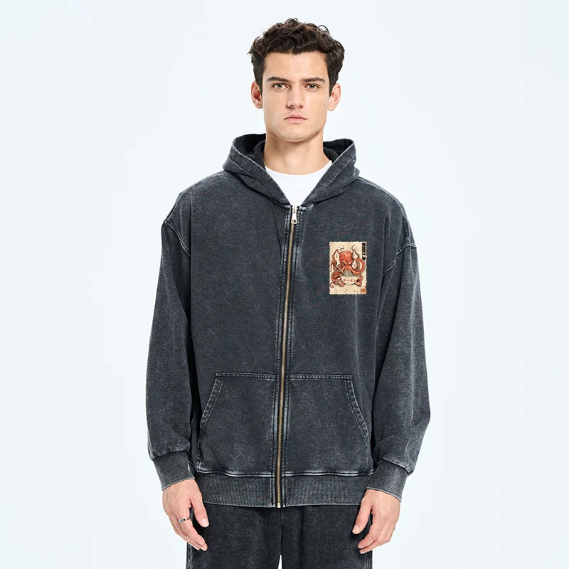 Tokyo-Tiger Retro Octopus Eating Ramen Washed Zip Hoodie